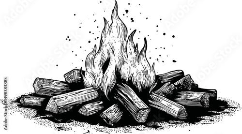 Woodcut illustration of a burning campfire with detailed flames in black and white. Vector illustration