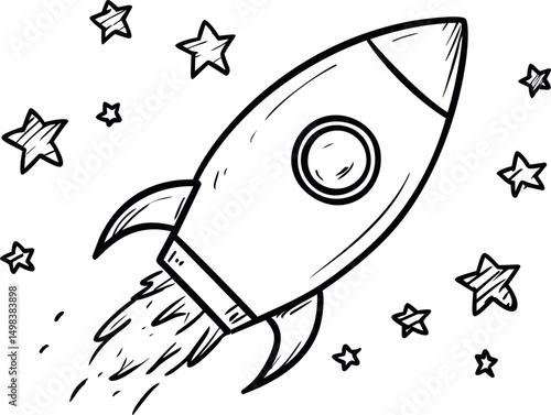 Outline of a rocket ship with stars in space, cartoon style illustration. Vector illustration