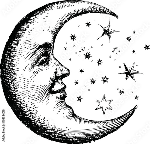 Smiling crescent moon with stars in a vintage illustration style. Vector illustration