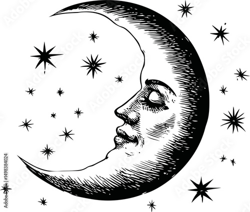 Crescent moon with face surrounded by stars in black and white illustration. Vector illustration