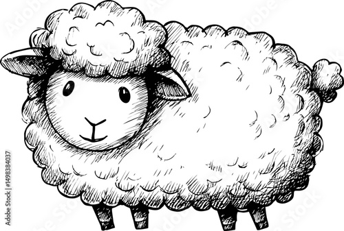 Sketch of a fluffy sheep with detailed wool and cute expression in black and white. Vector illustration