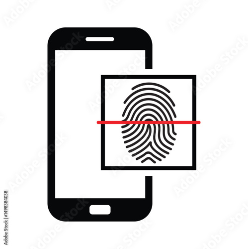 Minimalist vector icon of a black smartphone silhouette centered, screen displaying a black-and-white fingerprint with red strike-through. Clean, frontal view, no background. Bold red, white, and blac