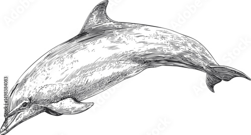 Detailed black and white sketch of a dolphin swimming gracefully. Vector illustration