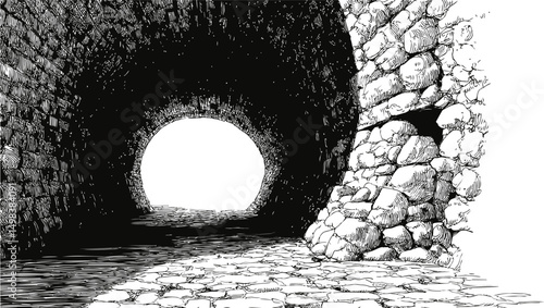Stone tunnel with light at the end and textured walls in black and white sketch. Vector illustration