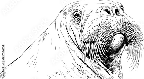 Black and white sketch of a walrus with detailed whiskers and expression. Vector illustration