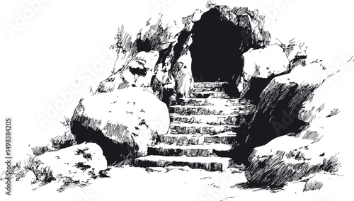 Stone stairs leading into a dark cave entrance surrounded by rocks. Vector illustration