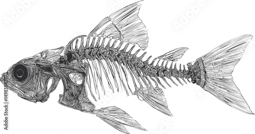 Intricate illustration of a fish skeleton in black and white sketch style. Vector illustration