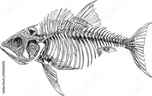 Detailed black and white fish skeleton illustration, intricate and conceptual art. Vector illustration