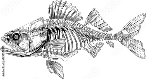 Intricate line art of a detailed fish skeleton showcasing all fins and bones. Vector illustration