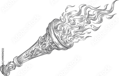 Intricate black and white illustration of a flaming torch with ornate details. Vector illustration