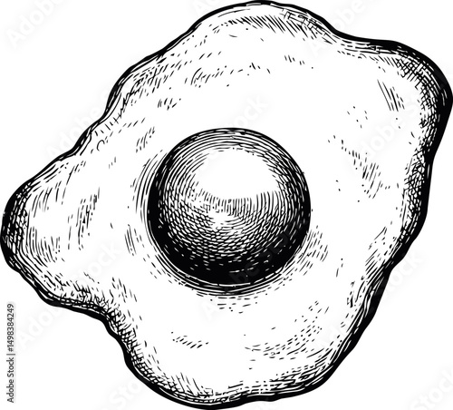 Black and white sketch of a fried egg with detailed texture, food illustration. Vector illustration