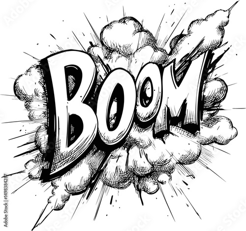 Comic style explosion design with bold boom text in black and white illustration. Vector illustration