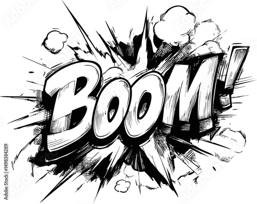 Black and white comic-style explosion with boom text and smoke bursts. Vector illustration