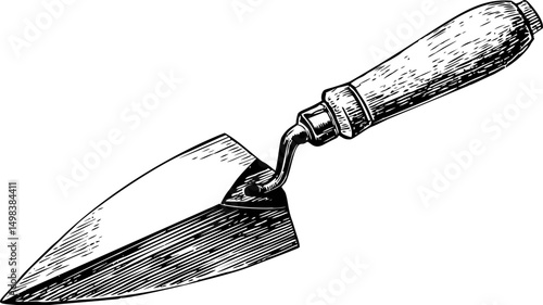 Hand-drawn illustration of a trowel with wooden handle, construction tool sketch. Vector illustration