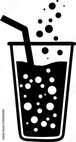 Black and white illustration of a soda glass with straw, bubbles rising. Vector illustration