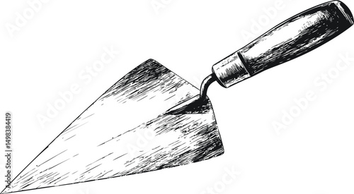 Vintage sketch of a classic garden trowel with wooden handle illustration. Vector illustration