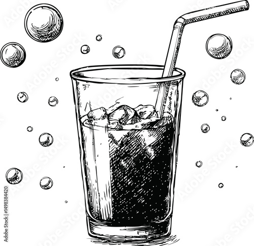 Illustration of a fizzy drink with ice and straw in a glass, bubbles floating. Vector illustration