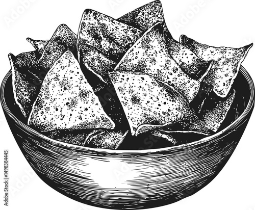 Hand-drawn bowl of crispy nachos showcasing intricate details in black and white. Vector illustration