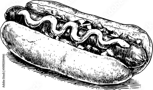 Hand-drawn classic hot dog with mustard and relish, vintage illustration style. Vector illustration