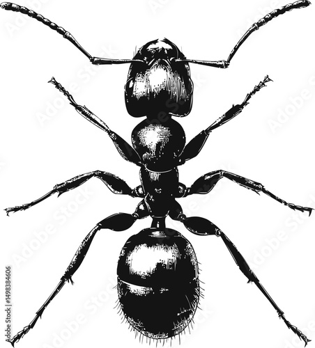 Detailed black and white illustration of an ant with intricate shading. Vector illustration