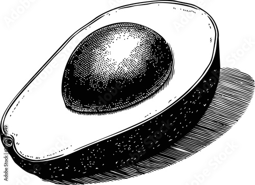 Hand-drawn black and white illustration of a half avocado with pit, detailed sketch. Vector illustration