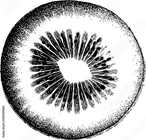 Detailed black and white illustration of a kiwi fruit slice, cross-section view. Vector illustration