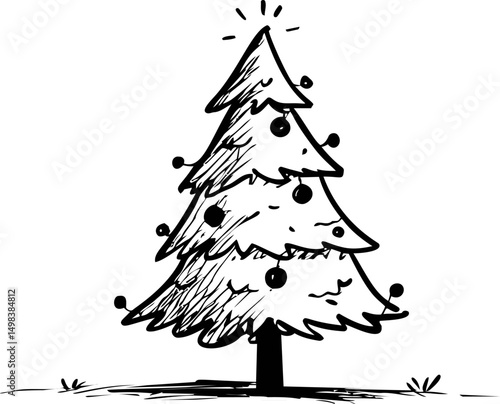 Black and white sketch of a decorated christmas tree with baubles, cartoon style. Vector illustration