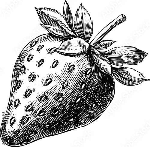 Detailed line drawing of a strawberry with leaves in black and white illustration. Vector illustration