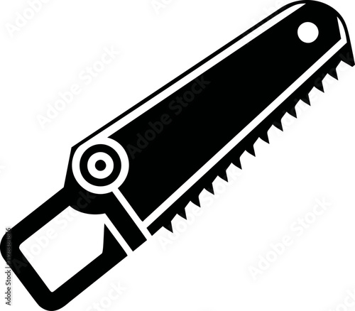Black and white silhouette of a hand saw with sharp teeth, woodworking concept. Vector illustration
