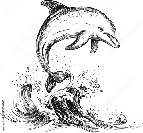 Wallpaper Mural Black and white illustration of a dolphin leaping over ocean waves. Vector illustration Torontodigital.ca