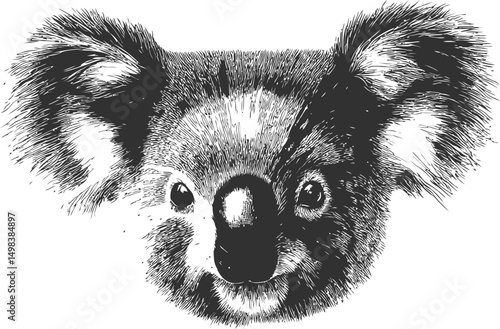 Black and white illustration of a detailed koala face sketch, artistic drawing. Vector illustration