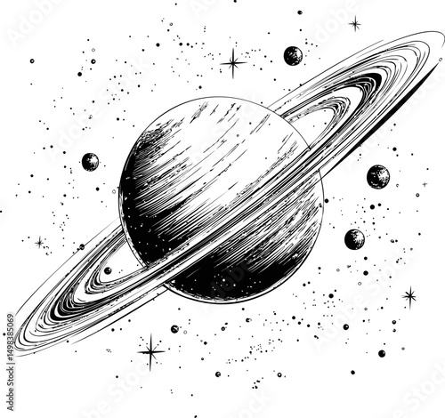 Black and white sketch of Saturn with rings in a starry background, ink drawing. Vector illustration
