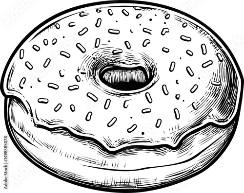 Illustration of a donut with icing and sprinkles in black and white, sketch style. Vector illustration