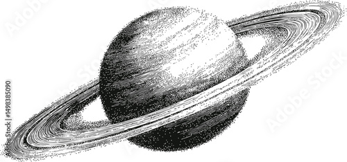 Black and white stipple illustration of saturn with rings in detail. Vector illustration