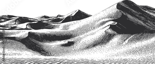 Monochrome illustration of sand dunes with detailed etching style. Vector illustration