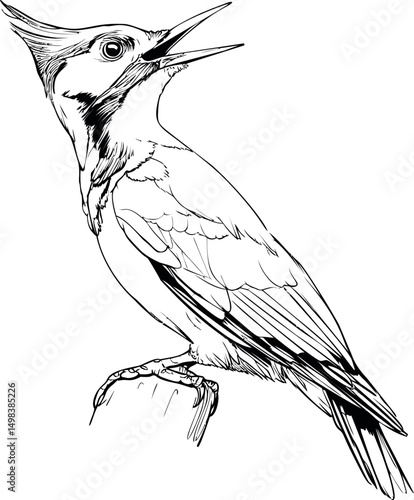 Line art of a woodpecker perched on a branch with a crest and open beak. Vector illustration photo