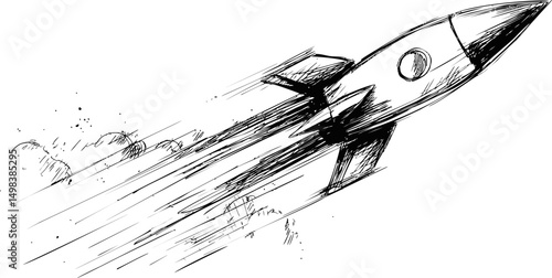 Sketch of a rocket launching into space with speed lines for dynamic effect. Vector illustration