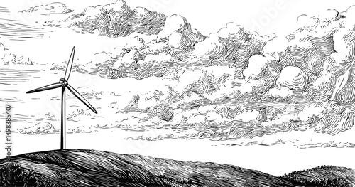 Wind turbine on a hill under a cloudy sky, black and white illustration. Vector illustration