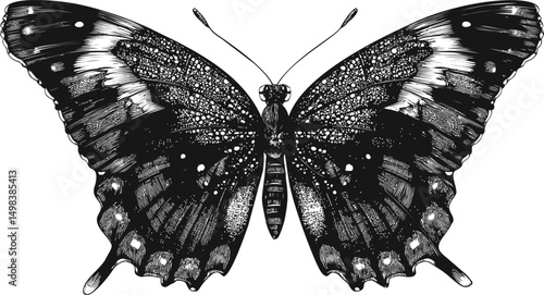 Intricate black and white illustration of a butterfly with detailed patterns. Vector illustration