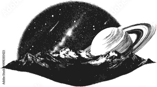 Illustration of saturn over mountains with starry night sky in black and white. Vector illustration