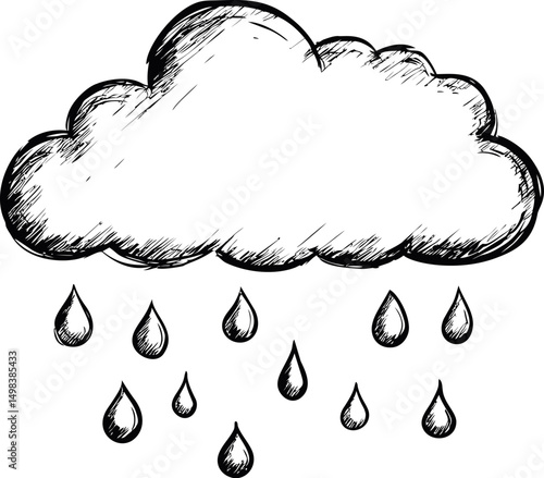 Sketch of a cloud with falling raindrops in monochrome illustration style. Vector illustration