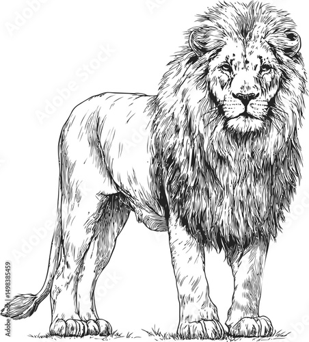 Detailed black and white drawing of a majestic lion standing on grass. Vector illustration