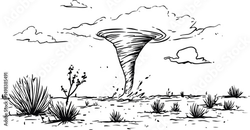 Tornado swirling over desert landscape in black and white illustration. Vector illustration