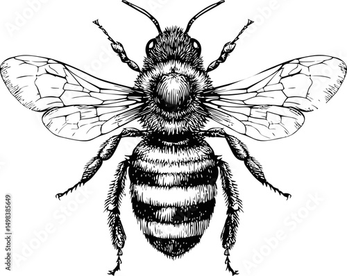 Detailed black and white illustration of a bee with intricate wing patterns. Vector illustration