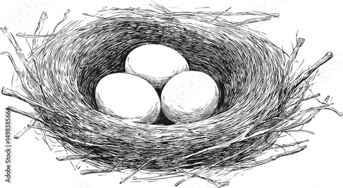 Detailed black and white drawing of a bird's nest with three eggs, intricate design. Vector illustration