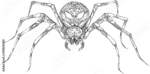 Stylized black and white spider illustration with intricate line patterns. Vector illustration