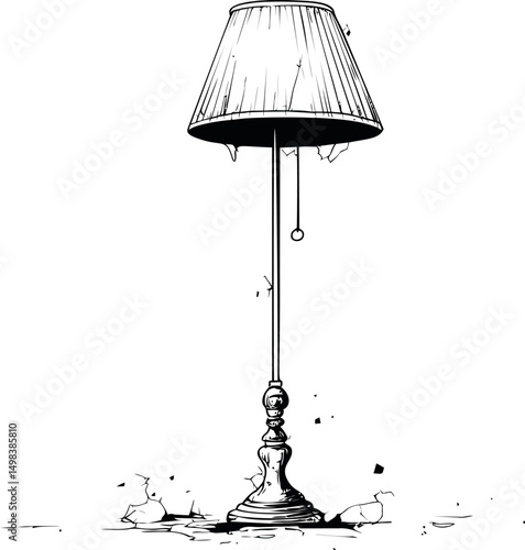 Black and white broken floor lamp with shattered pieces on the ground. Vector illustration