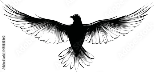 Silhouette of a bird in flight with spread wings, black and white illustration. Vector illustration