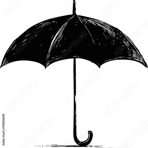 Black and white sketch of an open umbrella with curved handle. Vector illustration