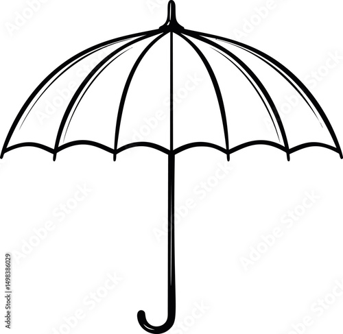 Black and white illustration of an open umbrella with curved handle. Vector illustration